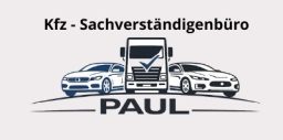 Logo eines Kfz-Sachverständigenbüros mit einem Wohnmobil und zwei Pkw, Text Kfz-Sachverständigenbüro Paul.