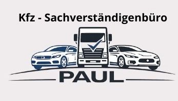 Logo eines Kfz-Sachverständigenbüros mit einem Wohnmobil und zwei Pkw, Text Kfz-Sachverständigenbüro Paul.